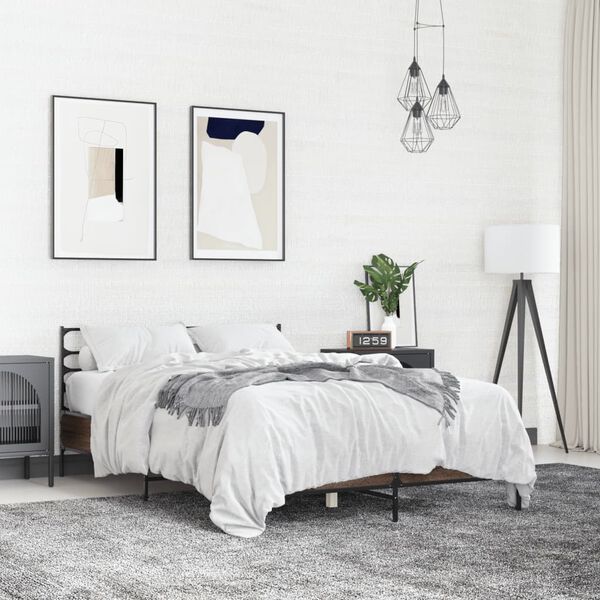 vidaXL sengestel 135x190 cm konstrueret tr&aelig; og metal brun egetr&aelig;sfarve