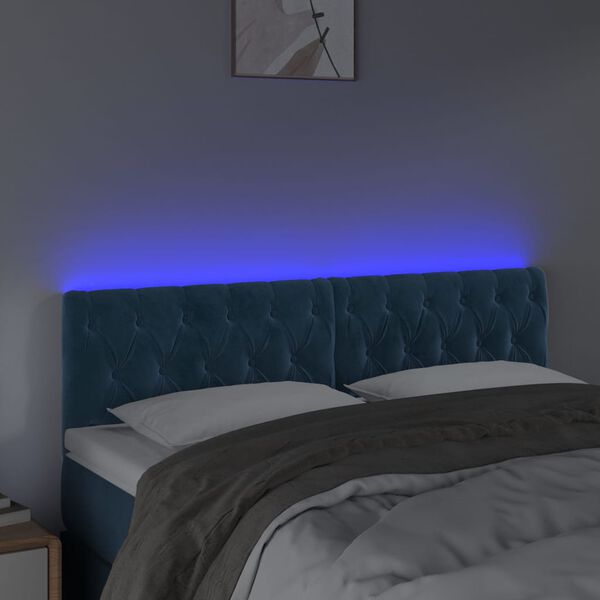 vidaXL sengegavl med LED-lys 160x7x78/88 cm velour m&oslash;rkebl&aring;