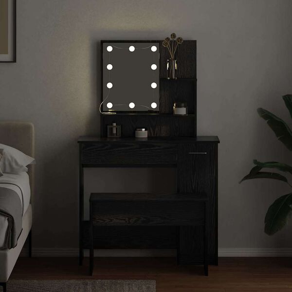 vidaXL LED Smykkebord Set med spejllys 2 pcs Sort eg Konstrueret tr&aelig;