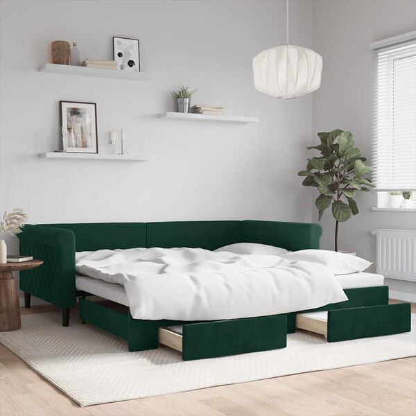vidaXL daybed med udtr&aelig;k og skuffer 100x200 cm velour m&oslash;rkegr&oslash;n