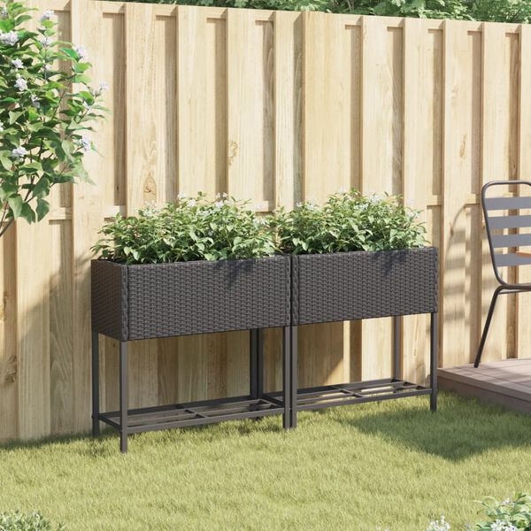 vidaXL plantekasser 2 stk. med hylde 70x28x70 cm polyrattan sort
