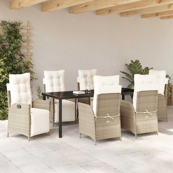 vidaXL Have Spisebordss&aelig;t med pude 7 pcs Beige polyrattan