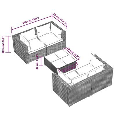 vidaXL loungesæt til haven 5 dele med hynder polyrattan brun