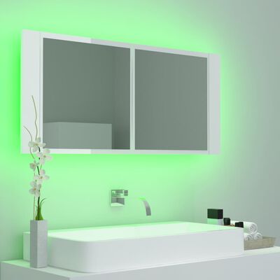 vidaXL badeværelsesskab m. spejl+LED-lys 100x12x45 akryl hvid højglans