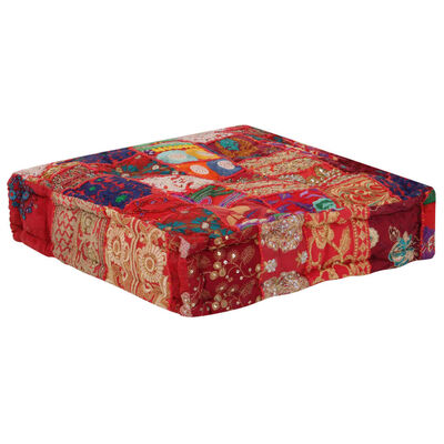 vidaXL puffe med patchwork firkantet bomuld håndlavet 50 x 50 x 12 cm rød