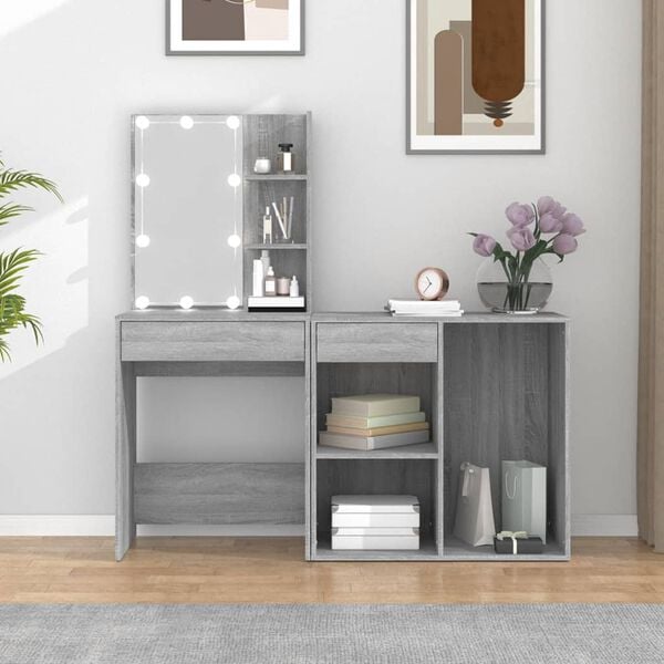 vidaXL makeupbord med LED-lys og skab konstrueret træ grå sonoma-eg