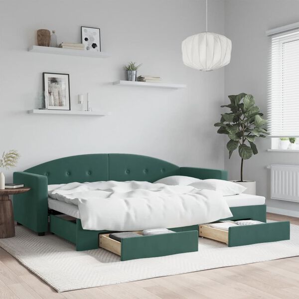 vidaXL daybed med udtræk og skuffer 80x200 cm velour mørkegrøn