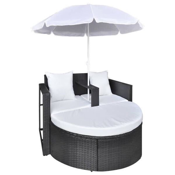 vidaXL haveseng med parasol polyrattan sort