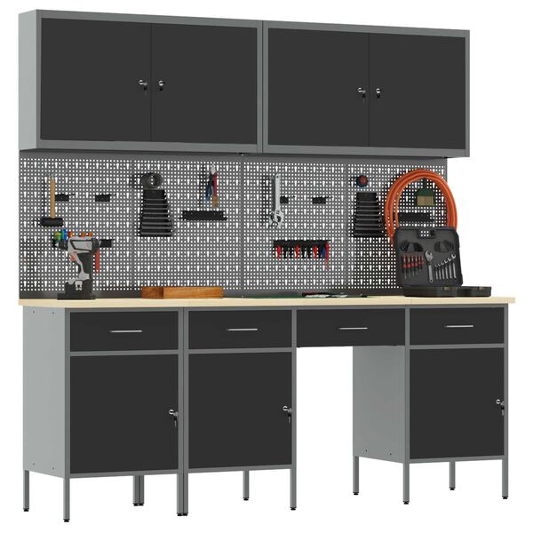 vidaXL Arbejdsbænk med skuffe 10 pcs Sort 200 x 55 x 200 cm Stål