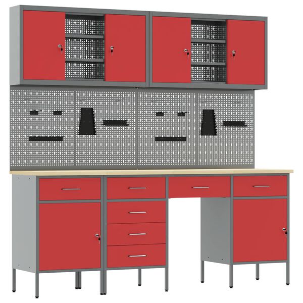 vidaXL Arbejdsskab med skuffe med l&aring;s 10 pcs R&oslash;d Ingeni&oslash;rtr&aelig; og st&aring;l