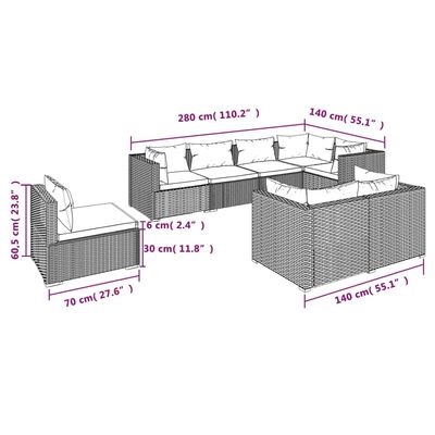 vidaXL loungesæt til haven 8 dele med hynder polyrattan sort
