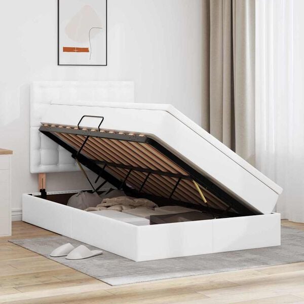 vidaXL Seng med opbevaring og LED med LED Hvid 120 x 190 cm Faux l&aelig;der