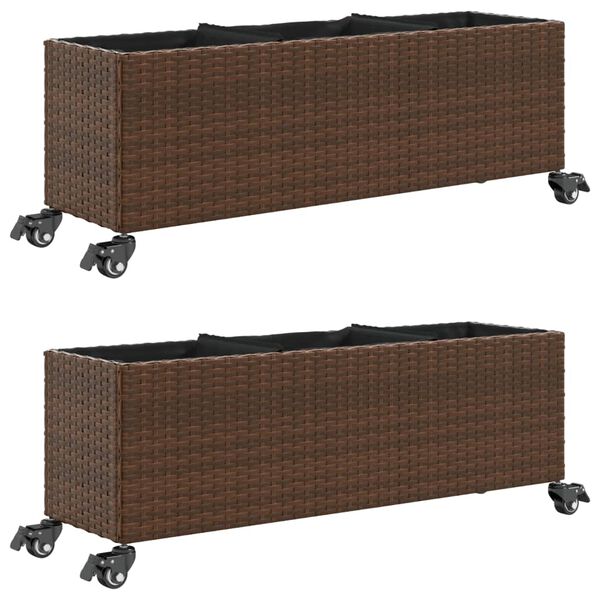 vidaXL plantekasser 2 stk. med hjul 107x32x38 cm polyrattan brun