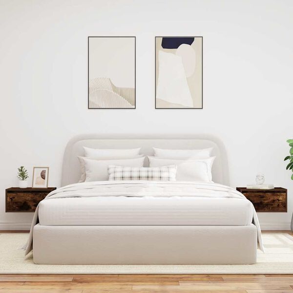 vidaXL væghængte sengeborde 2 stk. med LED-lys røget egetræsfarve