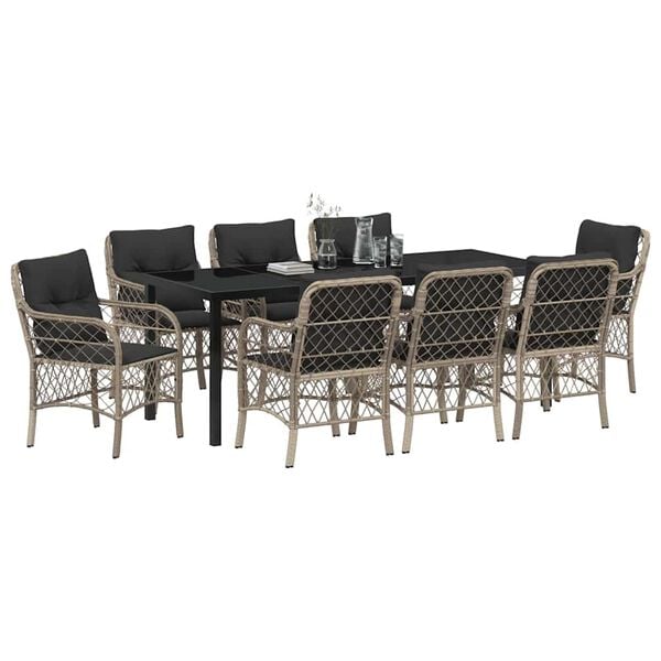 vidaXL Have Spisebordss&aelig;t med pude 9 pcs Lysegr&aring; polyrattan