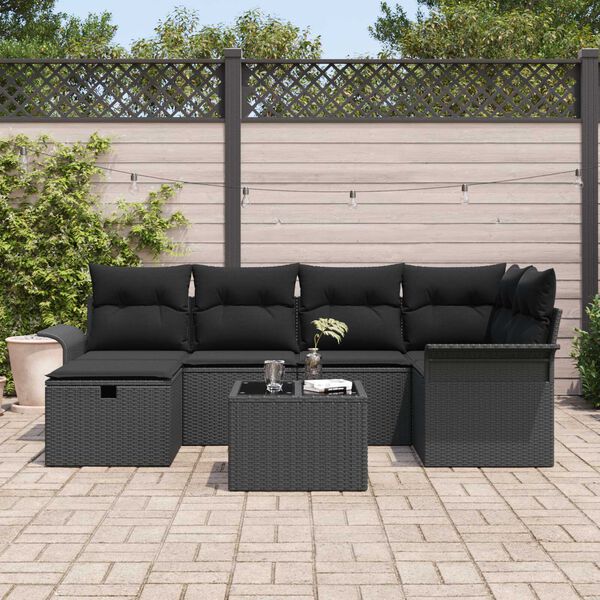 vidaXL Havesofa S&aelig;t med pude med opbevaring 7 pcs Sort polyrattan