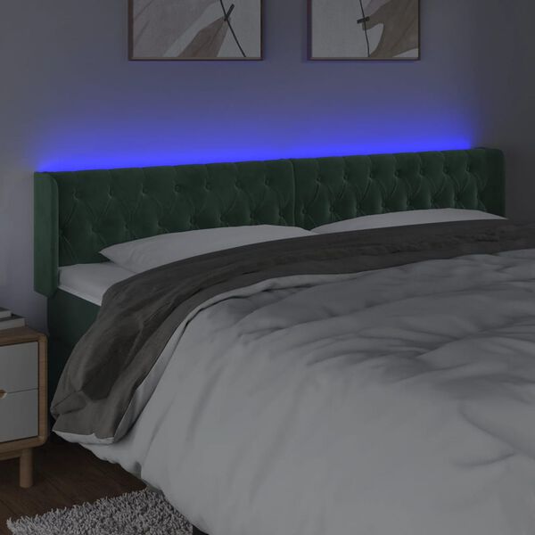 vidaXL sengegavl med LED-lys 203x16x78/88 cm fl&oslash;jl m&oslash;rkegr&oslash;n