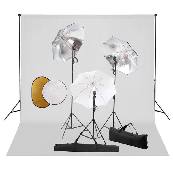 vidaXL fotostudieudstyr med lamper, paraplyer, baggrund og reflektor