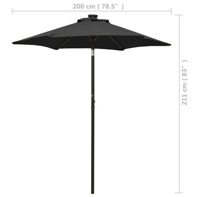 vidaXL parasol med LED-lys 200x211 cm aluminium sort