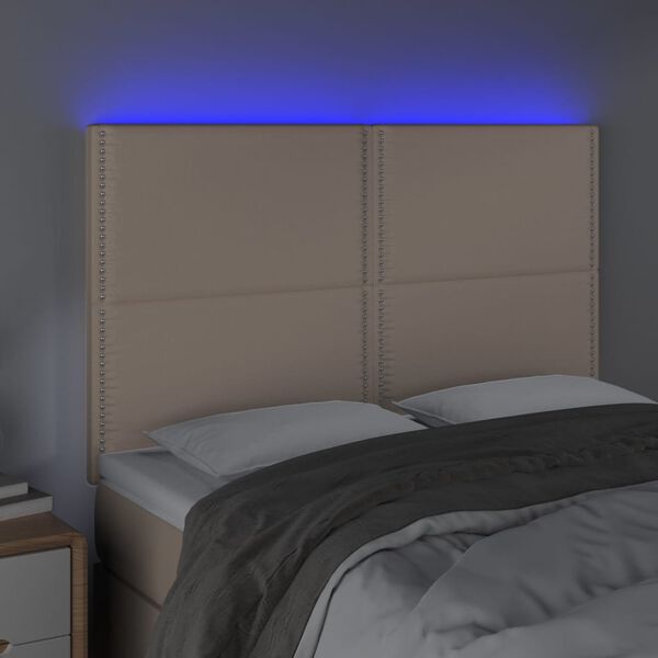 vidaXL sengegavl med LED-lys 144x5x118/128 cm kunstl&aelig;der cappuccino