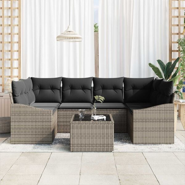 vidaXL Sofa Sæt med pude med opbevaring 7 pcs Grå polyrattan
