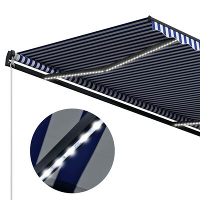 vidaXL markise med vindsensor og LED 500x300 cm blå og hvid