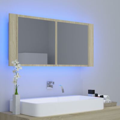vidaXL badeværelsesskab m. spejl og LED-lys 100x12x45 akryl sonoma-eg