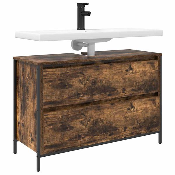 vidaXL håndvaskskab med skuffer 90x34,5x60 cm røget egetræsfarve