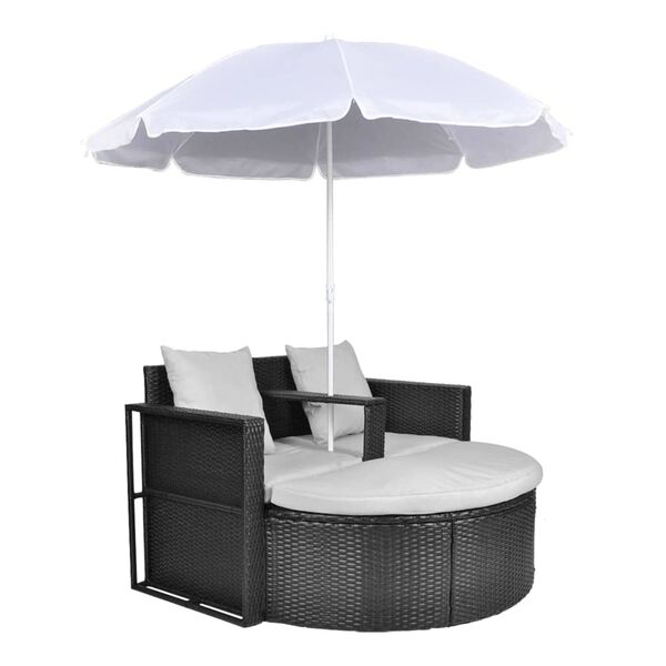 vidaXL haveseng med parasol polyrattan sort