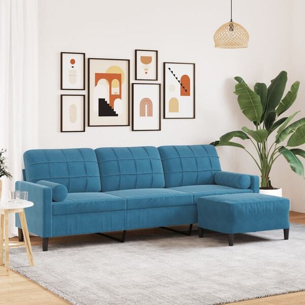 vidaXL 3-personers sofa med fodskammel 210 cm velour blå
