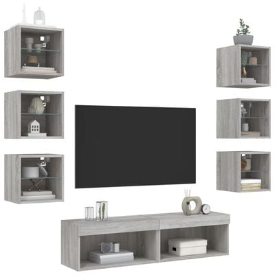 vidaXL tv-møbel til væg 8 dele med LED-lys konstrueret træ grå sonoma