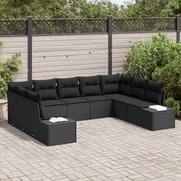 vidaXL Havesofa S&aelig;t med pude 9 pcs Sort Polyrattan