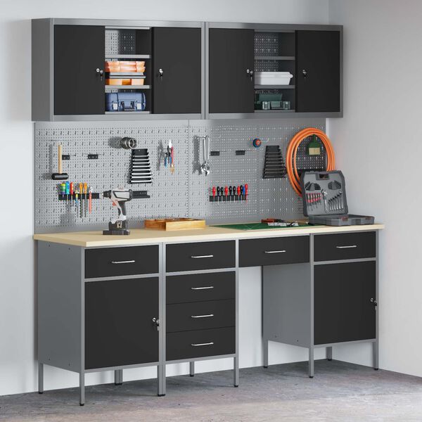 vidaXL Arbejdsskab med skuffe med l&aring;s 10 pcs Sort Ingeni&oslash;rtr&aelig; og st&aring;l