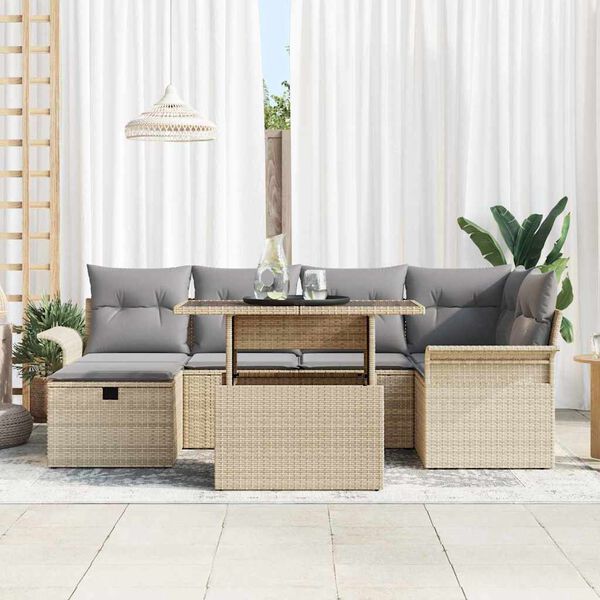 vidaXL Havesofa S&aelig;t med pude med opbevaring 7 pcs Beige Poly rattan