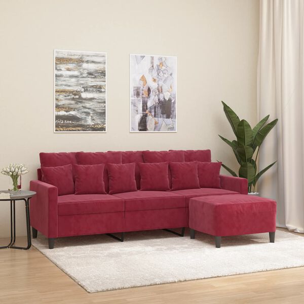 vidaXL 3-personers sofa med fodskammel 180 cm velour vinr&oslash;d