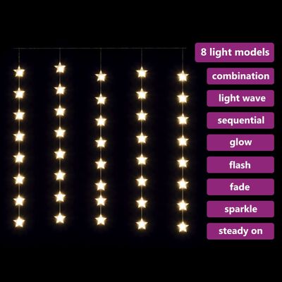 vidaXL LED-lysgardin med stjerner 200 LED'er 8 funktioner varm hvid