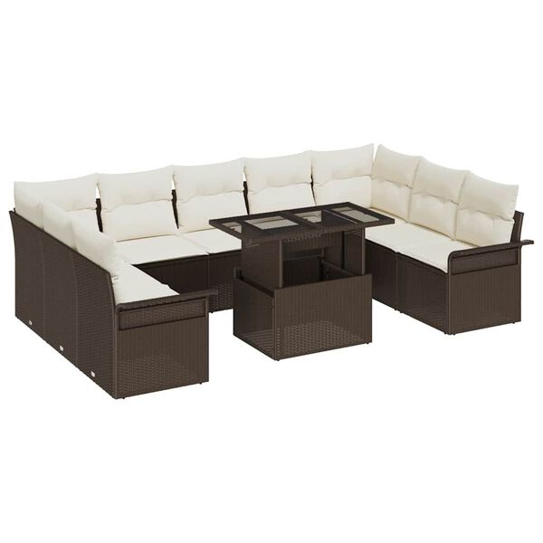 vidaXL Havesofa S&aelig;t med pude med pude 10 pcs Brun Poly Rattan