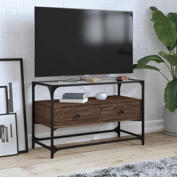vidaXL tv-bord med glasplade 80x35x51 cm konstrueret tr&aelig; brun eg