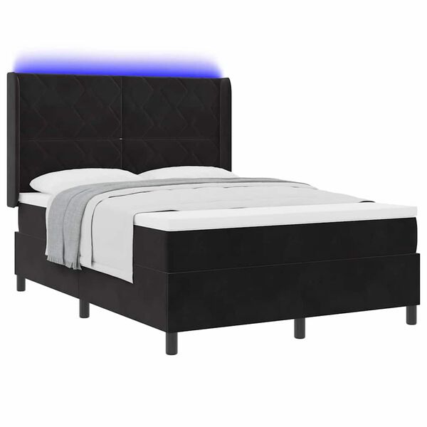 vidaXL Box spring seng med LED -strimmellys Sort 140 x 190 cm Fl&oslash;jl