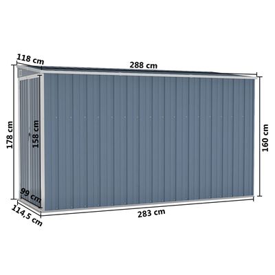 vidaXL vægmonteret haveskur 118x288x178 cm galvaniseret stål grå