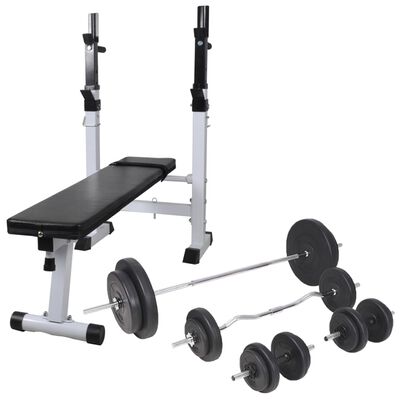 vidaXL træningsbænk med vægtstativ, vægtstangs- og håndvægtssæt 90 kg