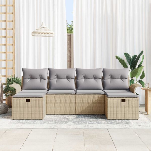vidaXL Havesofa S&aelig;t med pude med opbevaring 6 pcs Beige Poly rattan