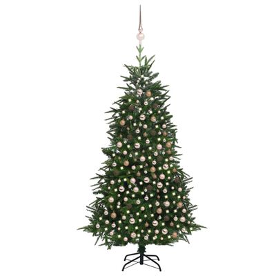 vidaXL kunstigt juletræ med LED-lys og julekuglesæt 210 cm PVC grøn
