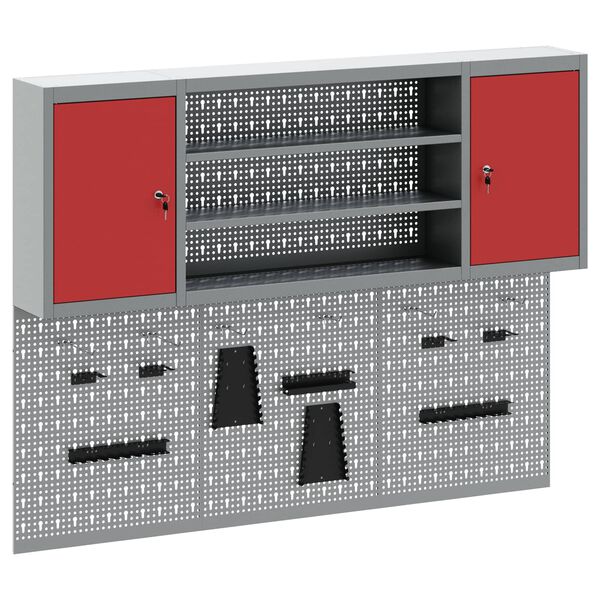 vidaXL V&aelig;rkt&oslash;jsskabss&aelig;t med hylde med l&aring;s 4 pcs R&oslash;d Pulverlakeret st&aring;l