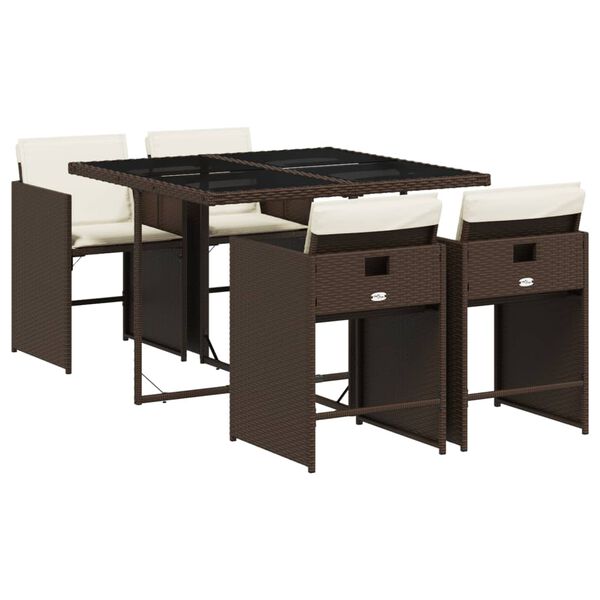 vidaXL spisebordss&aelig;t til haven 5 dele med hynder polyrattan brun