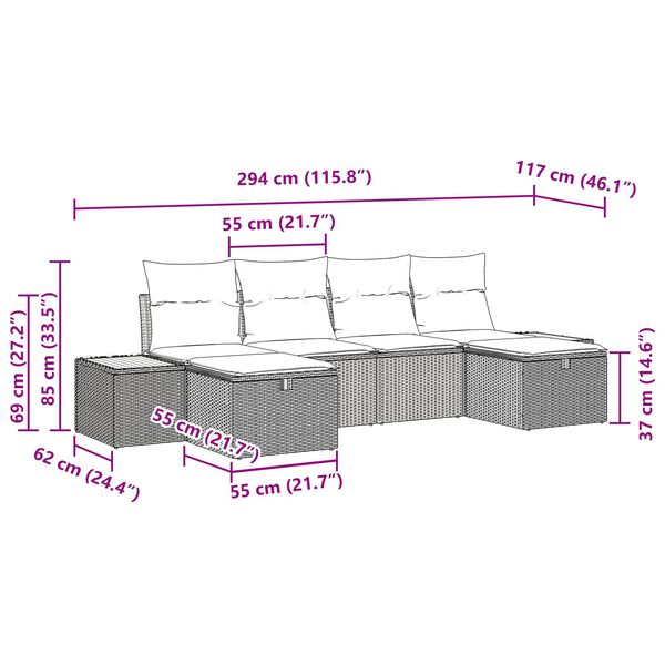 vidaXL Havesofa S&aelig;t med pude 6 pcs Sort 55 x 62 x 69 cm Poly rattan