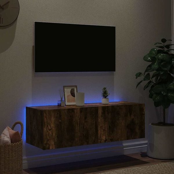 vidaXL v&aelig;gh&aelig;ngt tv-bord med LED-lys 100x35x31 cm r&oslash;get egetr&aelig;sfarve