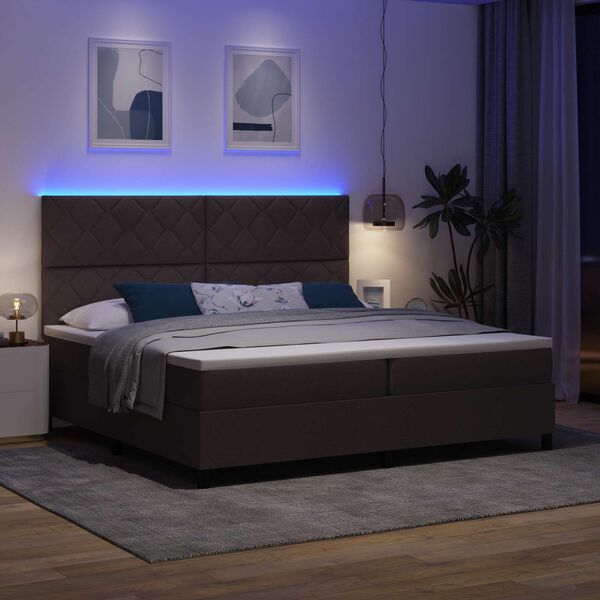 vidaXL Box spring seng med madras med LED M&oslash;rkebrun 200 x 200 cm Stof