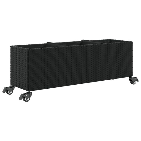vidaXL plantekasse med hjul og 3 krukker 107x32x38 cm polyrattan sort
