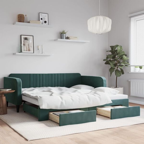 vidaXL daybed med udtr&aelig;k og skuffer 100x200 cm velour m&oslash;rkegr&oslash;n
